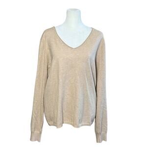 Basic Milano Knit Sweater Women XL Beige Capsule Neutral Classic V-Neck Pullover